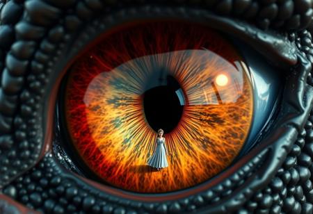 Extreme macro closeup of a massive dragon's eye filling the entire frame, with a vertical slit pupil that reflects like polished obsidian. The iris displays vibrant rainbow colors - deep crimson at the inner ring transitioning through orange, golden yellow, emerald green, sapphire blue, and violet at the outer edge, with intricate crystalline patterns and ancient wisdom gleaming within. The eye's surface has a subtle reptilian texture with fine scales around the edges. In the reflection of the pupil , a tiny female princess stands dwarfed by the immense scale - appearing no larger than a speck of dust against the colossal eye. The lighting should be dramatic with the iris colors casting prismatic reflections, and the overall mood should convey the awe-inspiring, terrifying scale difference between dragon and human. Ultra-detailed, photorealistic rendering with shallow depth of field emphasizing the eye's immense size.