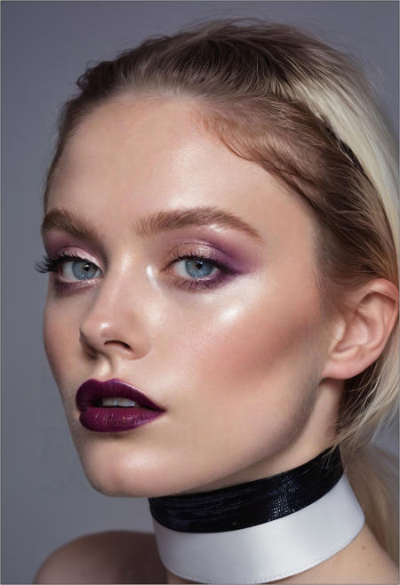 A professional (fashion photo photography:1.2),a  (studio portrait:1.2),showing (surrealistic style:1.1),(black purple gradient background:1.2),(exaggerated character movements:1.5),against glass,(masterpiece, best quality:1.4), perfect body,  long hair, brown hair, brown eyes, parted lips, , detailed skin,model photoshoot, long bob-cut hair, shiny oiled skin, pale skin,  pale white skin, shiny oiled skin, pale skin, realistic eye and face details), hyperrealism, very slim,  bright face, blue eyes, choker, make-up photography by (Ethel Warwick:1.3), modelshoot, pose, , (Ethel Warwick: 1,2) award winning photo macro shot  dramatic lighting,philosophical dimensions,NIKON Z9,35mm,f/1.2,RAW format,stark composition.,(muted tones:1.2),award winning photo,(dream-like quality:1.2),