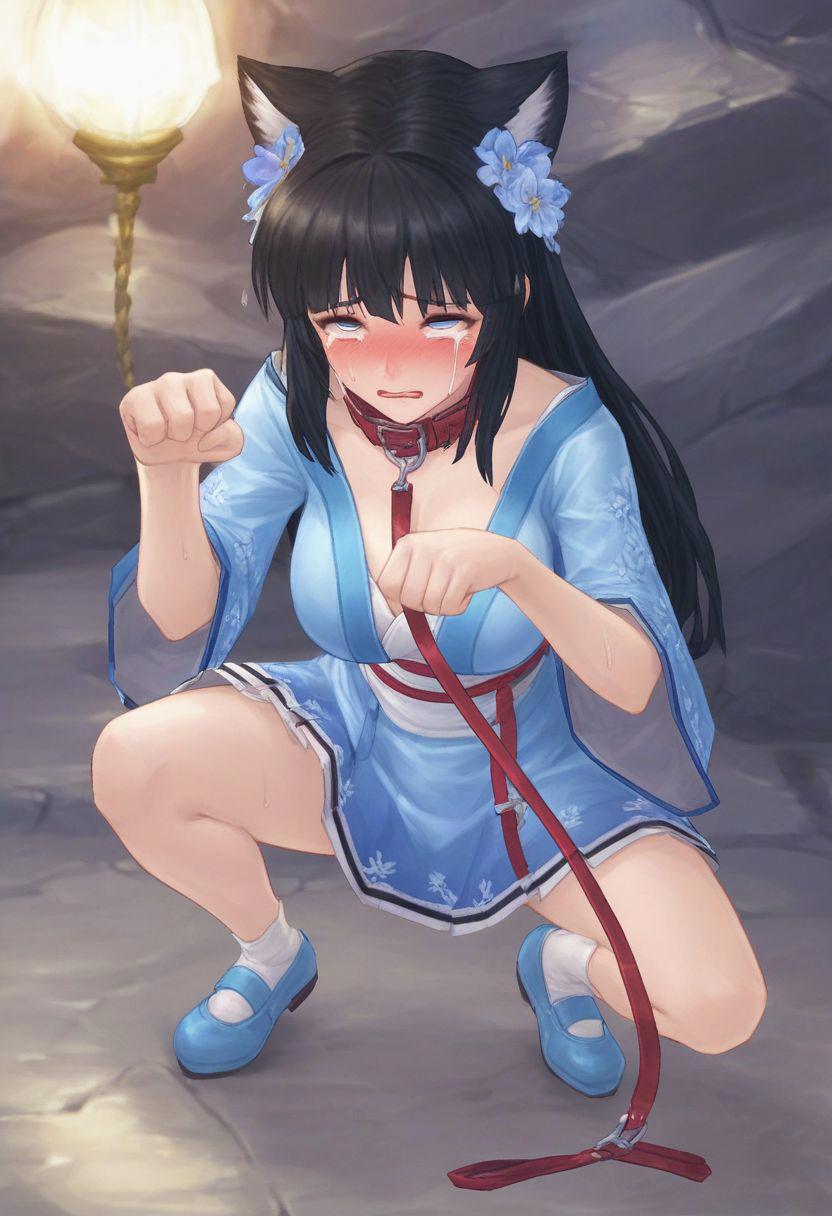 Blue eyes and long black hair wife, couplelunia, blue kimono wife, sad, blushing, crying, large breasts, elunia,
<lora:pet_play_v2-000008:1>, 1girl, solo, large breasts, embarrassed, outdoors, paw pose, squatting, spread legs, collar, dragging leash, white pantie, skirt rolling up,