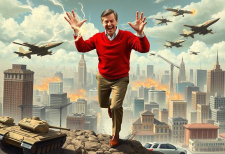 Mr Rogers, wearing a red sweater, slacks, loafers, attacking a large city, crushing buildings throwing cars, electric breath. Being attacked by tanks and fighter jets