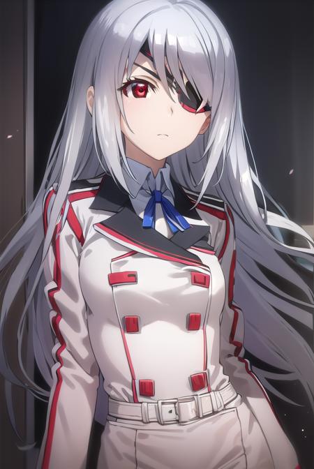 laurabodewig, <lora:laura bodewig s2-lora-nochekaiser:1>,
laura bodewig, long hair, (red eyes:1.3), grey hair, eyepatch,
BREAK school uniform, ribbon, blue ribbon, long sleeves, (red trim:1.2), uniform, military uniform, (white military uniform:1.5),
BREAK indoors, classroom,
BREAK looking at viewer, (cowboy shot:1.5),
BREAK <lyco:GoodHands-beta2:1>, (masterpiece:1.2), best quality, high resolution, unity 8k wallpaper, (illustration:0.8), (beautiful detailed eyes:1.6), extremely detailed face, perfect lighting, extremely detailed CG, (perfect hands, perfect anatomy),