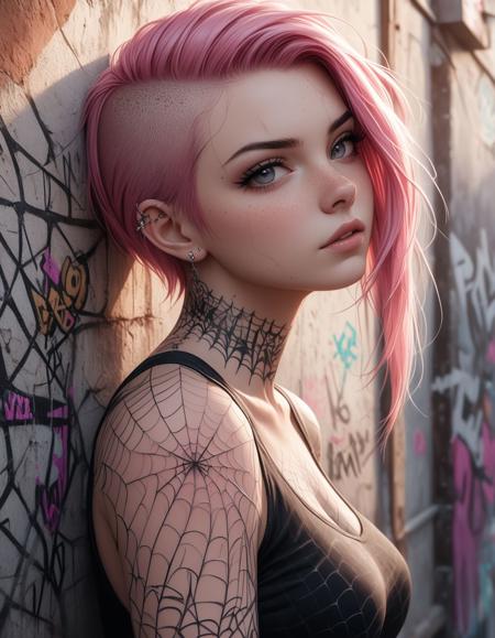 portrait of a tattooed woman with buzzed pink hair, intricate sleeve tattoo, soft lighting, pastel color tones, very realistic, highly detailed skin textures, subtle freckles, cracked wall, graffiti, expressive eyes, moody atmosphere, delicate linework, photorealistic textures, smooth shading, 8k resolution, high contrast, cinematic composition, trending on Artstation, spider web shoulder tattoo,