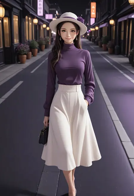 D042 Elegant Dress with Turtleneck Shirt, White Skirt, & Hat