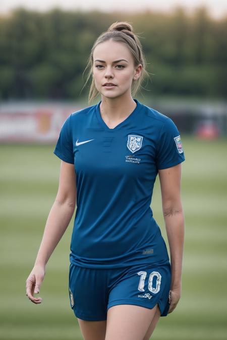 photo of (l4ub3rl1n:0.99) woman posing for a photo,(wearing soccer_uniform:1.3),blue uniform, good hand,4k, high-res, masterpiece, best quality, head:1.3,((Hasselblad photography)), finely detailed skin, sharp focus, (cinematic lighting), collarbone, night, soft lighting, dynamic angle, [:(detailed face:1.2):0.2],(((inside_soccer_field))), outside, <lora:soccer_uniform:0.5>