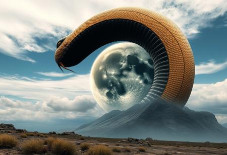 view from the ground as what seems to be some kind of giant space snake is about to eat the moon
