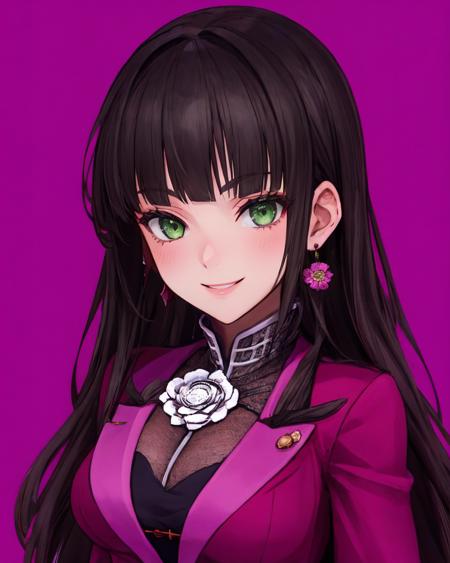 best quality, (masterpiece:1.2), illustration, absurdres, 
(1girl), (solo), (beautiful detailed girl), (upper body, portrait:1.2)
<lora:Kilika-08:0.8>,  Kilika Rouran, black hair, long hair, blunt bangs, hime cut, green eyes, medium breasts, jewelry, earrings, flower ornament, purple suit, purple skirt, black undershirt, black pantyhose, black high heels,
smile, looking at viewer,
(((simple background)))