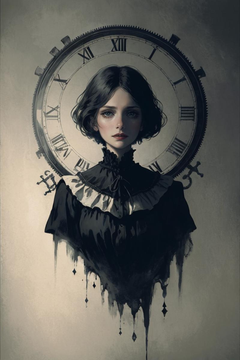 A woman with a clock on her head.