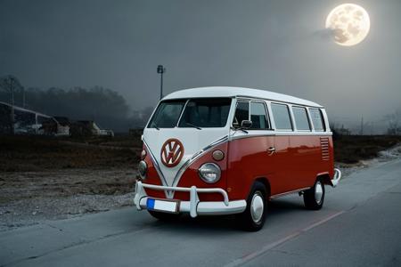 analog gloomy photo of an orange volkswagen kombi,  <lora:vwk0mb1:1>, ((haunted house:1.2)), zombie apocalypse, (abandoned town at (midnight)), (full moon), (winter), (snow), ((horror movie)), ((nighttime)), driving through a decayed city, ruins, dilapidated buildings, High Detail, Sharp focus, (photorealism), realistic, best quality, 8k, award winning, dramatic lighting, epic, cinematic, masterpiece, rim light, ambient fog:1.2,