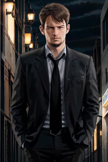 kyle_hyde,  portrait image of Kyle Hyde walking in a dark alley during the night,  detective,  looking at viewer,  shirt,  1boy,  jacket,  white shirt,  male focus,  necktie,  frown,  collared shirt,  pants,  black pants,  formal,  suit,  black background,  black necktie,  black suit,  Handsome man,  good quality,<lora:EMS-275289-EMS:0.800000>