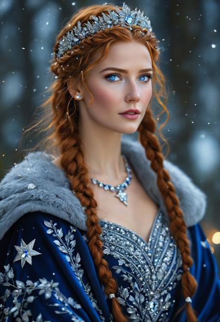 breathtaking detailed, masterpiece, absurdres, awe-inspiring, best quality, vibrant colors, nbn-freyja, beautiful woman, auburn hair, blue eyes, braids, silver tiara, blue robe with leafe and star inlays, looking over her shoulder, portrait, close up, realistic, blurry background