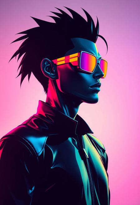 robert t techno style , Background: Clean, soft neon gradient with faint shadows and smudges, creating a stark contrast that emphasizes the character’s metallic textures and vibrant silhouette.