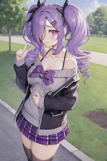  generica, 1girl, solo, skirt, purple hair, hair over one eye, purple eyes, long hair, twintails, drill hair, ((white skin))