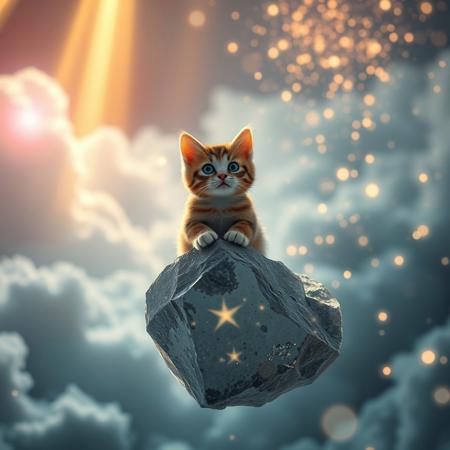 A cinematic high-angle shot captures a tiny, adorable cat perched serenely on a floating, crystalline rock amidst a surreal dreamscape. Volumetric light rays from an unseen source pierce through ethereal clouds, illuminating a whirlwind of glowing, magical particles that dance in the air. The shallow depth of field creates a beautiful bokeh, with every intricate detail of the cat’s fur in sharp focus, while subtle lens flare and chromatic aberration add a photorealistic quality. The cat’s curious eyes, reflecting the scene, seem to hold the secrets of this impossible, glowing world.