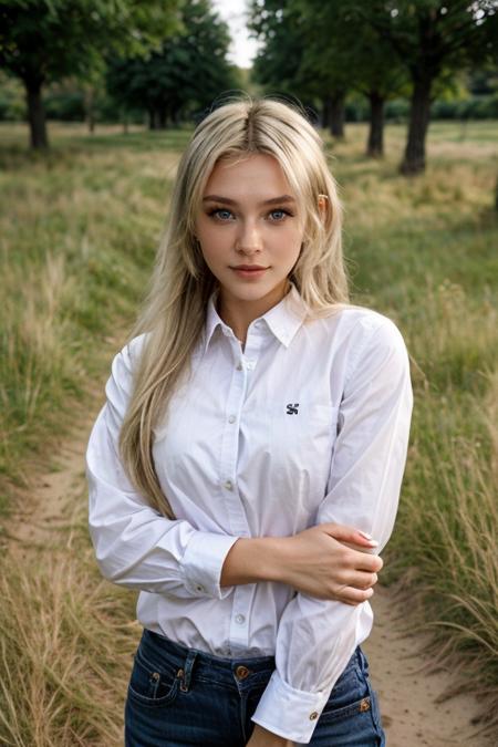 (emlouise:1.1), a woman posing for a picture, (wearing shirt:1.1), long blonde hair, slg, grass, path, <lora:emlouise_v1:1>, <lora:slg_v22:0.5>