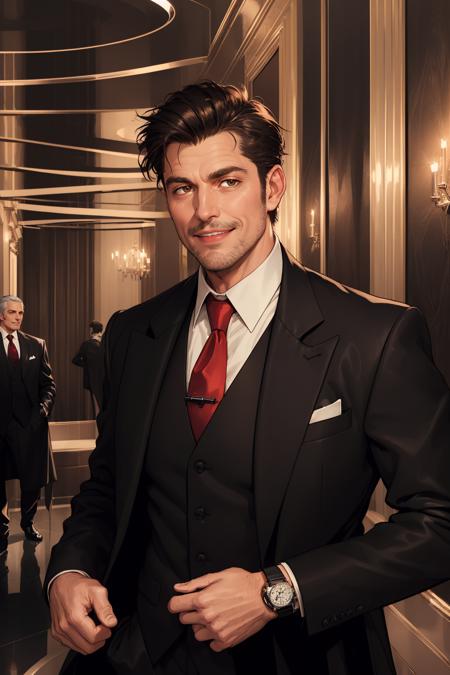 man, black suit, long overcoat, watch, vest, fancy hotel lobby, chrome wall, brown eyes, smiling, red tie, white shirt, (round face), stubble, (plump:0.7), chubby, short hair <lora:age_slider_v20:2.5>