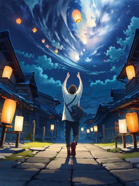 lantern, sky, 1boy, night, solo, paper lantern, male focus, arms up, night sky, from behind, cloud, star (sky), outdoors, long sleeves