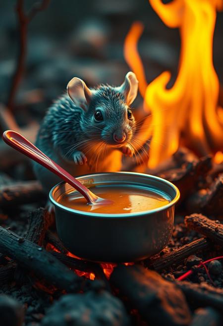 surreal VFX, nano-rat stirring broth on a campfire with a red spoon seen under an electron scanning microscope, with details, vivid colors