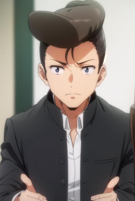 agnospassion, <lora:agnos passion s2-lora-nochekaiser:1>,
agnos passion, brown hair, male focus, pompadour, (black eyes:1.5),
BREAK school uniform, jacket, gakuran,
BREAK indoors, classroom,
BREAK looking at viewer, ()
BREAK <lyco:GoodHands-beta2:1>, (masterpiece:1.2), best quality, high resolution, unity 8k wallpaper, (illustration:0.8), (beautiful detailed eyes:1.6), extremely detailed face, perfect lighting, extremely detailed CG, (perfect hands, perfect anatomy),