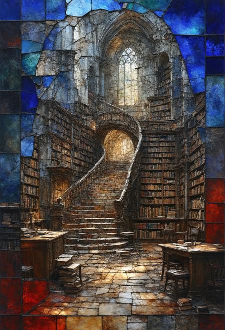 Construct a photorealistic painting of a colossal, decaying library, fractured into stained-glass panels. Multiple perspectives converge to create a chaotic yet strangely harmonious composition, with stacks of books, ornate bookshelves, and gothic arches rendered as geometric shards radiating a warm, internal glow. The color palette employs deep indigo, aged parchment, and crimson red, highlighting intersecting lines and fragmented forms. Integrate subtle photorealistic details within each glass shardâthe texture of faded ink, the grain of ancient woodâto create a compelling blend of abstract geometry and tangible history, evoking a sense of forgotten knowledge and silent grandeur.