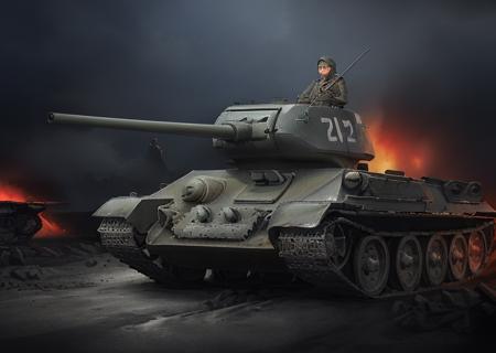 The T-34, one of the most famous Soviet tanks from World War II, thrives in the heat of battle. Its massive hull structure and armor provide protection from enemy shots, allowing it to break through lines of defense. The powerful T-34 gun, accompanied by mobility, ensures effective defeat of the enemy. The tank demonstrates excellent maneuverability and superiority on the battlefield, making it an important element of Soviet military power. Looking ahead, the majestic T-34 continues to show its strength and impenetrability in the hot atmosphere of battle, ((t-34)) <lora:t-34:0.8>