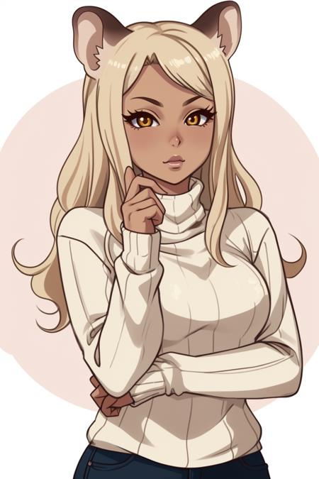 ferret woman, ferret ears, blonde, gyaru, turtleneck sweater, tan,