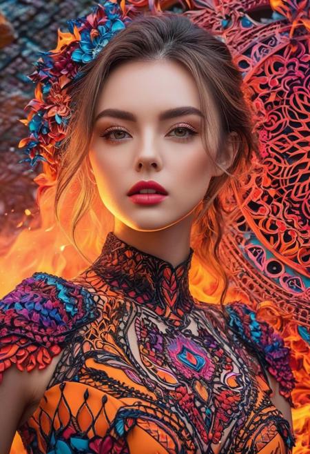 photo of TWbabeXL01, NSFW, official art, unity 8k wallpaper, ultra detailed, beautiful and aesthetic, masterpiece, best quality, realistic, 1girl, extremely detailed, dynamic angle, (zentangle, mandala, tangle, entangle), the most beautiful form of chaos, elegant, a brutalist designed, vivid colors, romanticism, plasma flame,
