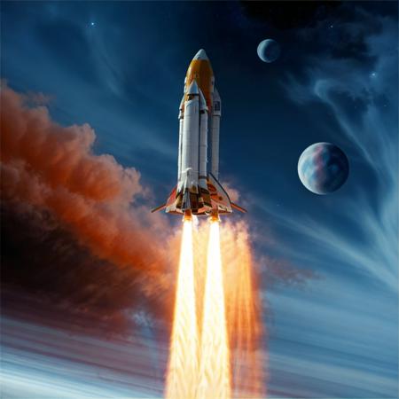 Rocket,  missile, airplane, space, planet, no humans, ground vehicle, cloud, sky, flying, star_\(sky\), city, science fiction , super-reaslitic, 8k, best quality, moon,  <lora:rocketStart:0.95>