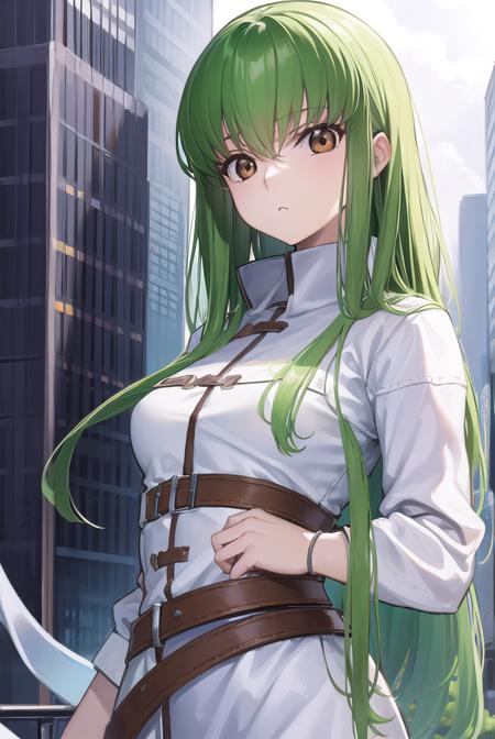 codegeasscc, <lora:codegeasscc-lora-nochekaiser:1>, 
cc, (brown eyes:1.5), green hair, long hair, straight hair,
BREAK straitjacket, (white straitjacket:1.5), wide sleeves, belt, black belt,
BREAK outdoors, city,
BREAK looking at viewer, (cowboy shot:1.5),
BREAK <lyco:GoodHands-beta2:1>, (masterpiece:1.2), best quality, high resolution, unity 8k wallpaper, (illustration:0.8), (beautiful detailed eyes:1.6), extremely detailed face, perfect lighting, extremely detailed CG, (perfect hands, perfect anatomy),