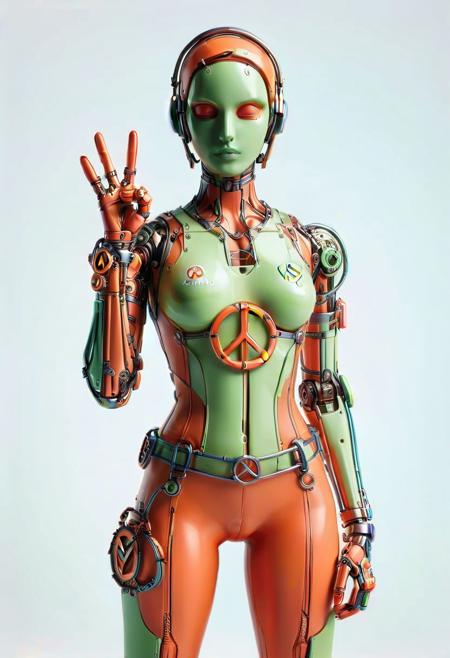 a sexy android, mad-mecharm, <lora:dvr-cpwr> dvr-cpwr, sports attire, peace sign at the camera, extremely detailed, bright colors, perfect exposure