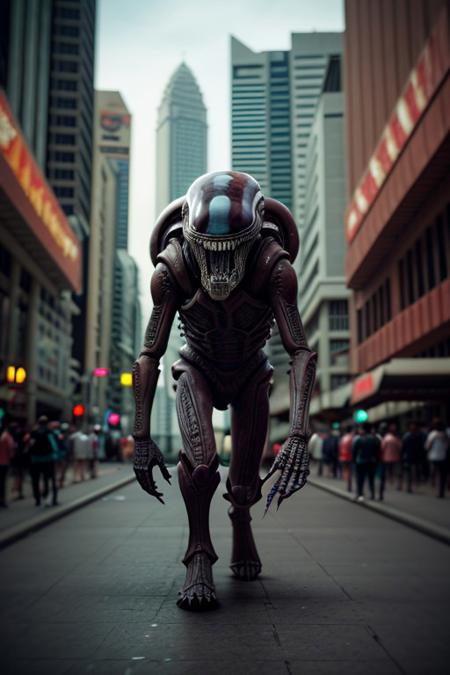 cinematic film still of  <lora:xenomorph style SD1.5:1>
Xenomorph,full body,endoparasitoid extraterrestrial species,solo,open mouth,teeth,tongue,blurry,no humans,blurry background,fangs,sharp teeth,monster,realistic,alien , horror themed, dark themed, cinematic, film still, xenomorph style, shallow depth of field, vignette, highly detailed, high budget, bokeh, cinemascope, moody, epic, gorgeous, film grain, grainy, background KLCC, Malaysia Street,