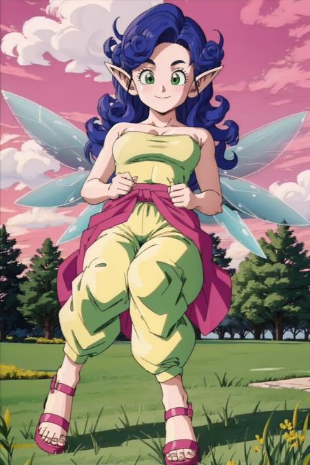 fairy,blue hair,green eyes,small breasts,curly hair,pointy ears,long hair,fairy wings light green strapless shirt,pink sarong,light green harem pants,bandaged arm, armlet,earrings, pink sandals