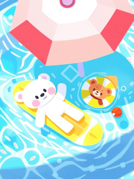 AMELICART. masterpiece, best quality,high detailed. A vibrant digital illustration of a brightly colored pool scene bathed in sunlight. Two main subjects float in the water: a plush white teddy bear lying on a yellow surfboard, and a smaller tan bear inside a yellow-and-white inflatable float. In the background, red-and-white striped pool umbrella and colorful beach ball drift in the clear blue water, while a single orange buoy is near the right edge, creating a playful and cheerful summertime ambiance.
