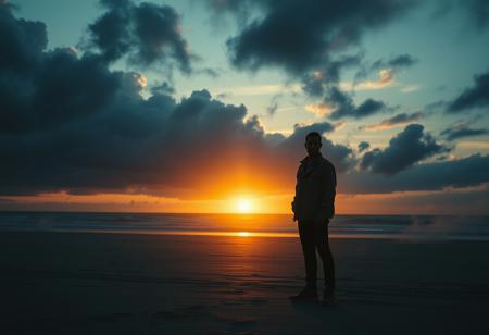 A cinematic and dark scene of a man standing on a deserted beach at sunset, with the sun dipping behind the ocean and long shadows stretching across the sand. The sky is ominous with cracks of light and swirling dark clouds, hinting at another dimension breaking through. The man looks lost, wearing a simple jacket, his silhouette outlined against the glowing horizon. The setting feels eerie, with faint hints of shadowy creatures or smoke-like tendrils emerging from the edges of the scene. The overall tone is mystical and slightly surreal.