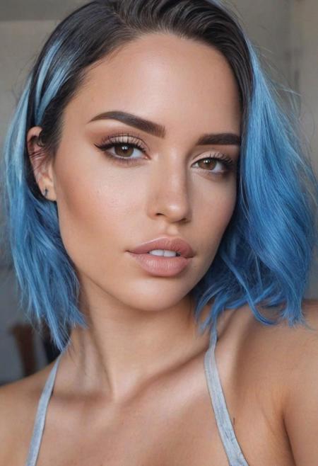 beautiful young woman portrait photo, blue hair, realistic very light freckles on face, light brown eyes, latina influencer, instagram model, very slightly rough skin, realistic portrait, realistic ambience light, light makeup, large breasts