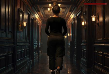 masterpiece portrait of woman walking down a mansion hallway::1.4, video game concept art style::1.2, semi-realistic 3D render art::1.1,
(physical description: pudgy build, not skinny or obese, sturdy posture, mature proportions, hands clasped behind back:1.1),
(facial features, expression: not visible, back-facing view:1.0),
(clothing details: dark fitted top, long skirt or tactical cargo pants, utilitarian footwear:1.0),
(accessories: none visible from rear view:0.9),
(background setting: richly decorated dimly lit hallway in a vintage mansion, with wooden wall panels, sconces, and antique paintings:0.9),
(lighting style: moody cinematic lighting with warm shadows and directional highlights from wall sconces:0.8),
(composition and camera framing: third-person video game view from slightly behind and above, full body shot, centered in frame:1.0),
(emotional tone or theme: immersive, suspenseful, exploratory atmosphere:0.9),
(technical execution: includes a video game-style HUD with red health bar in the top right corner and a minimap with icons in the lower left:0.8)