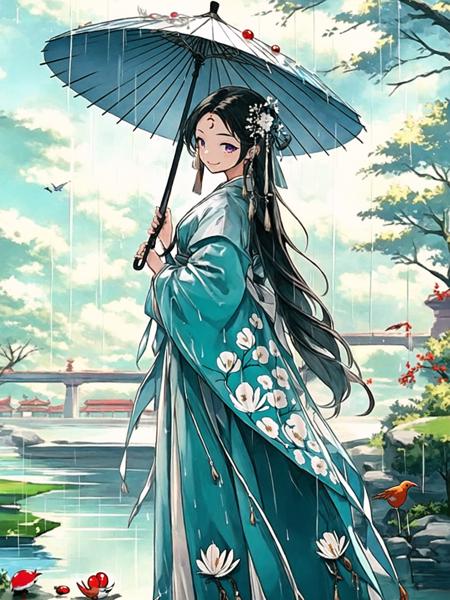 <lora:guochaorenwuV1.0:0.8>,guchen,1girl,branch,forehead mark,chinese clothes,cloud,hanfu,smile,bird,ribbon,dress,hand fan,hair stick,flower,rain,holding umbrella,water,