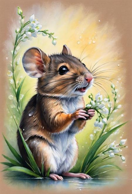 #pastel, #dry chalk drawing, #chalk on paper, #chalk shading, #chalk drawing, #colored chalk drawing, #chalk shading,
"An anime-style mouse washing itself with fresh dew from a lily of the valley. The image is done in bright pastel colors, with soft textures reminiscent of a dry chalk drawing. A soft background with blooming lilies of the valley and morning light, creating an atmosphere of tenderness and tranquility."
