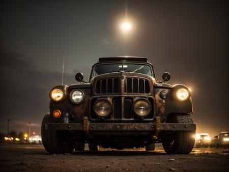 RAW photo, a  portrait photo of
rusty steampunk car,  survival, post-apocalyptic, cyberpunk, outdoors, night, destruction, urban decay,
(high detailed skin:1.2), 8k uhd, dslr, soft lighting, high quality, film grain, Fujifilm XT3