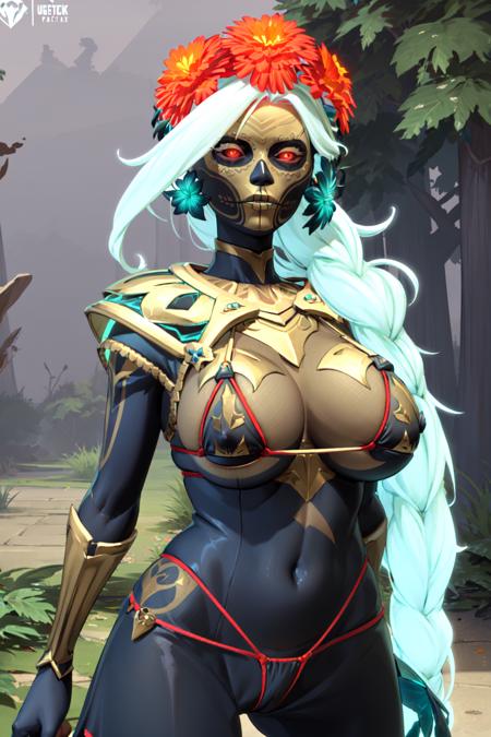 <lora:Dota2Muerta:0.7>Dota2Muerta, 1girl, calavera, (big breasts,:1.4), (black micro bikini:1.4),glowing hair,hair_flower,flower, glowing,  hair_flower, hair_ornament, red_eyes, solo, night, forest, (black skin:1.4)