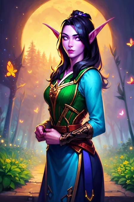 1girl, cowboy shot of beautiful elf druid, colored skin, purple skin, windblown black hair, long pointy ears, simple armored dress, pauldrons, flower diadem, looking at viewer, glowing butterfly, forest, moon, window, volumetric lighting, best quality, masterpiece <lora:sxz-wowstyle_v4_50_64:1>