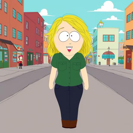 woman, happy, green shirt, blonde hair, in the city, cartoon, south park style<lora:South Park Style v2:0.6>