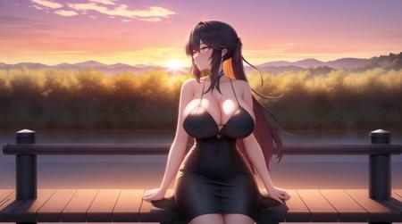 masterpiece, best quality, woman, beautiful dress, large breast, backlighting, sunset, sitting on a bench, riverbank, raytracing, golden hour, dust particles