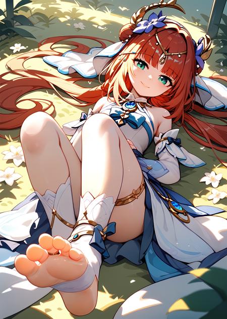 nilou, veil, horns, circlet, neck ring, gold thighlet, gold sandals nilou \(samsung\), white hat, horns, bracelet, white socks, white heels nilou \(gigo\), horns, frilled hairband, necklace, off shoulder, white gloves, anklet, blue heels nilou \(breeze of sabaa\), hair ornament, circlet, bare shoulders, detached sleeves, blue thighlet, toeless kneehighs