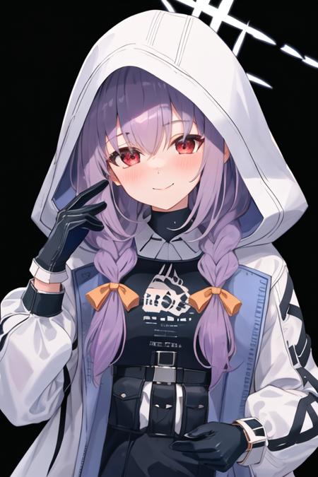 best quality, masterpiece, highres, solo, {atsuko_bluearchive:1.15}, long_hair, red_eyes, purple_hair, bangs, braid, twin_braids, halo, blush, hair_between_eyes, bow, low_twin_braids, hair_bow, closed_mouth, 1girl, hood, hood_up, hooded_jacket, jacket, looking_at_viewer, portrait, simple_background, black_gloves, gloves, smile, white_background, upper_body