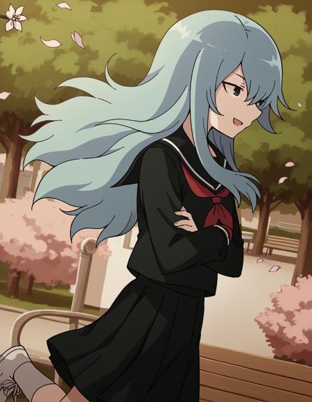 mero furuya, black eyes, blue hair, hair over eyes, sidelocks, long hair, school uniform, serafuku, long sleeves, neckerchief, red neckerchief, skirt, black skirt, pleated skirt, black shirt, black sailor collar, black serafuku,