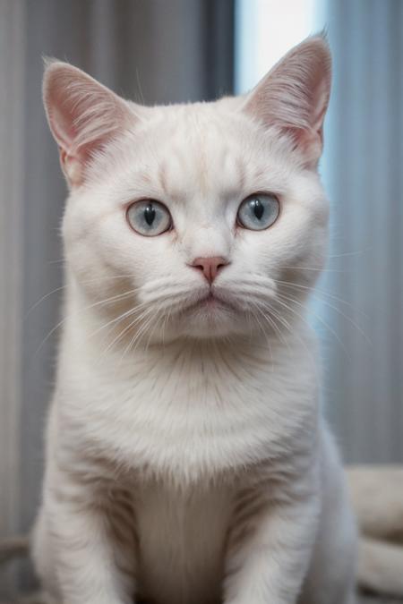 closeup award winning photo of a white british shorthair cat, perfect environment, extremely detailed, dark shot,
