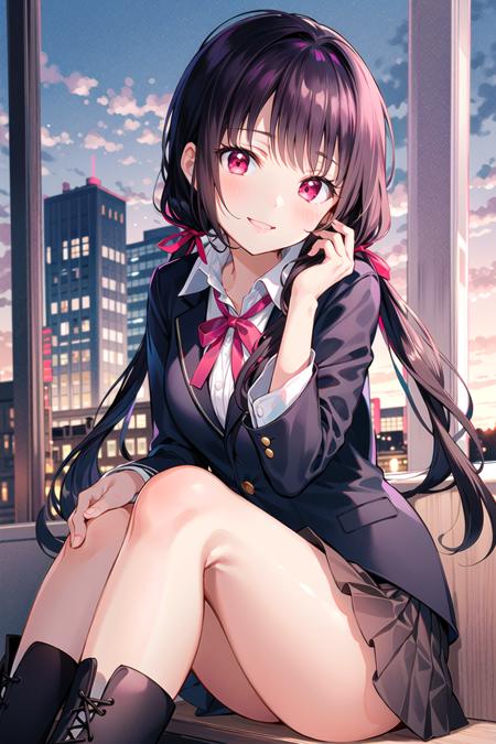 (masterpiece), (best quality), (illustration), (beautiful detailed), (highres), 1girl, solo, looking at viewer,
sitting, sitting on desk, from side, hand on own face, 
sunset, day, school,
(tailcoat), long hair, red eyes, (white hair), low twintails,
frills, ribbon, lace-up boots, black hair ribbon, white shirt,
smile, blush,
indoors, window, [building]