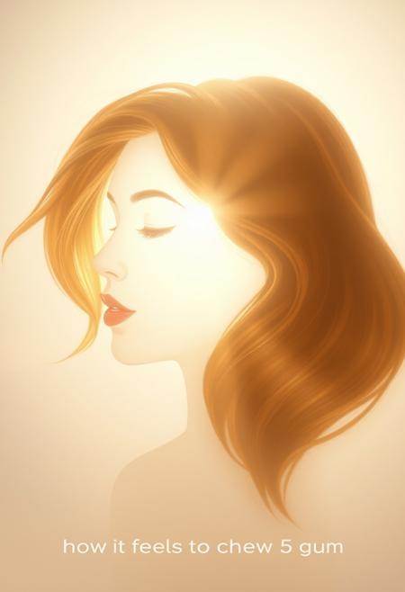 Beauty, realism, chiaroscuro, rays of light, play of shadow and light, cinematic style, Super HD, Pastel, chalk, crayon drawing, surreal and elegant image of a pack of chewing gum forming a detailed and graceful silhouette of a woman's face. The woman's flowing hair smoothly transitions into gold tones highlighting the strands. The background is a soft, light color that enhances the contrast and elegance of the  pack of chewing gum and steam. The overall atmosphere is sophisticated, dreamy and artistic.the caption is "how it feels to chew 5 gum"