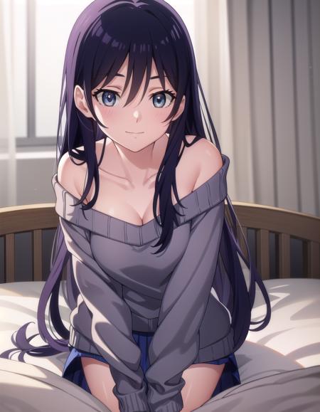 yuri kotobiki, long hair, black hair, (grey eyes:1.3), off shoulder, sweater, purple sweater, skirt, white skirt,