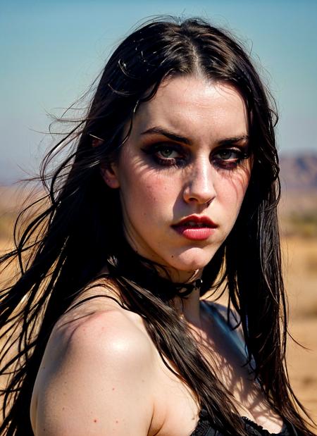 A stunning intricate full color portrait of sks woman with black hair, pale white skin, ((dark makeup)), standing in desert, hair blowing wild, epic character composition, sharp focus, <lyco:emilyKavanaugh:1.3>